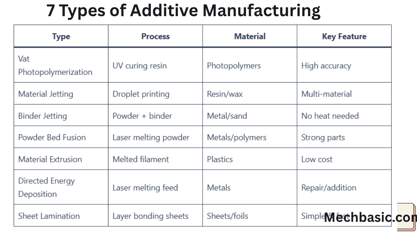 What are the 7 types of additive manufacturing?