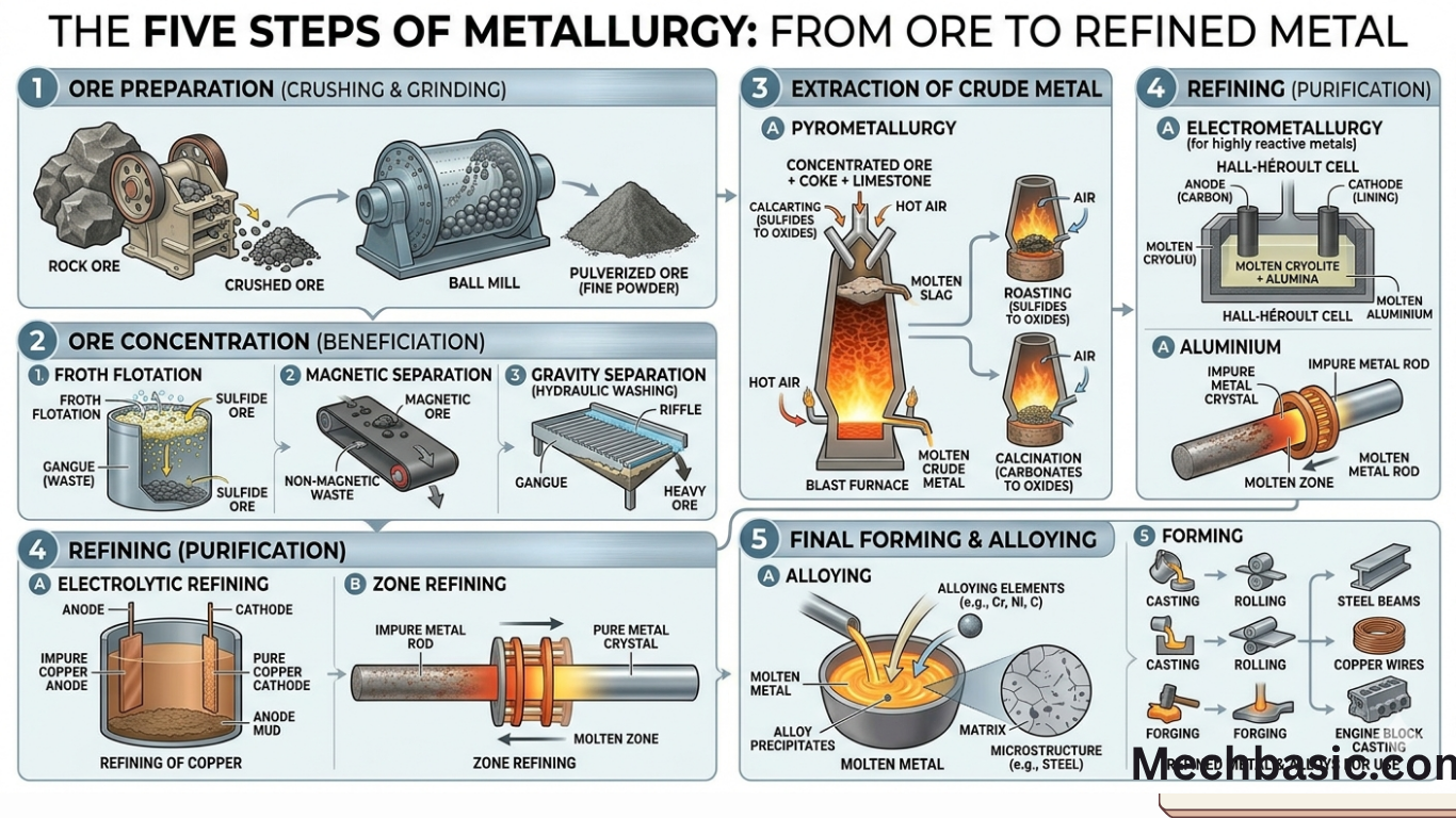 What are the 5 steps of metallurgy?