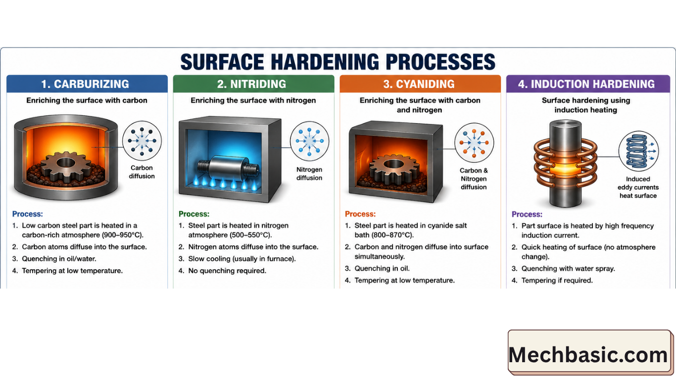 What are four case hardening processes of heat treatment?