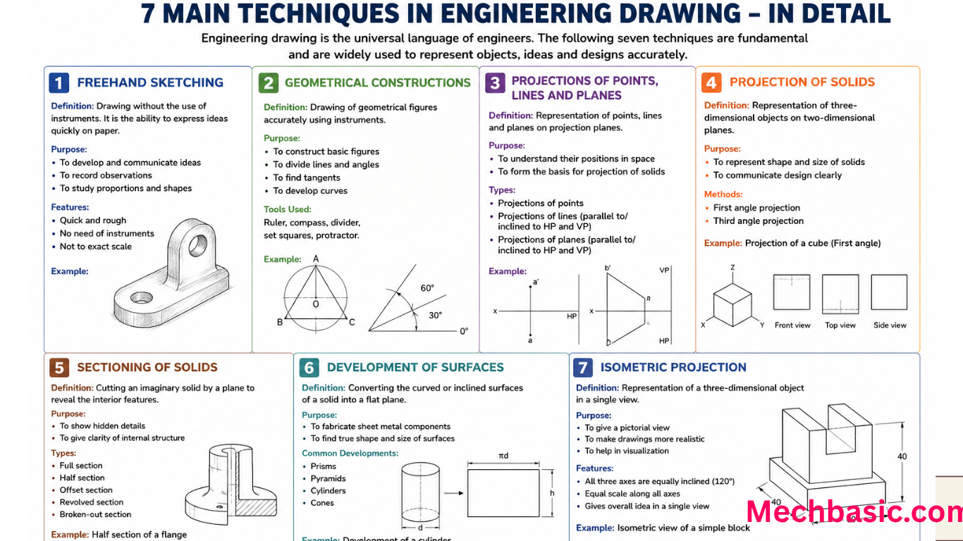 What are the 7 main techniques in Engineering drawing?