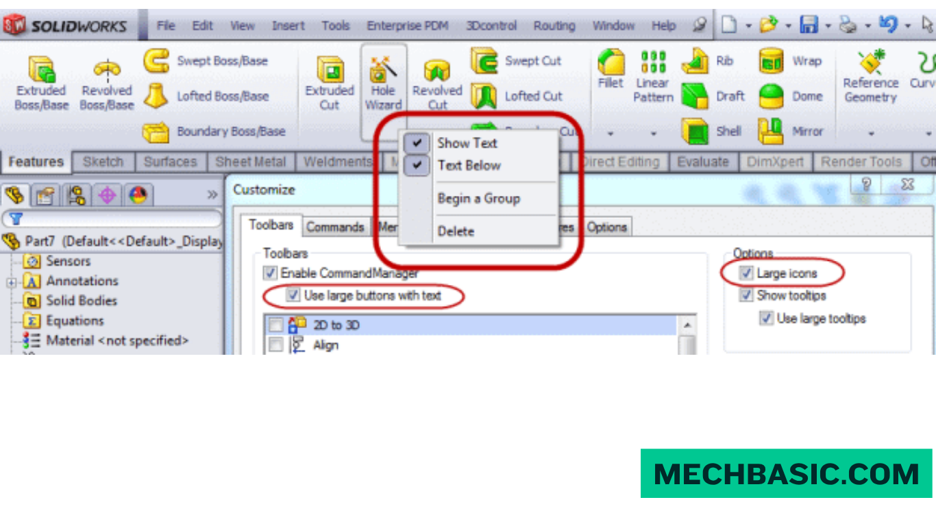 Solidworks part command manager greyed out